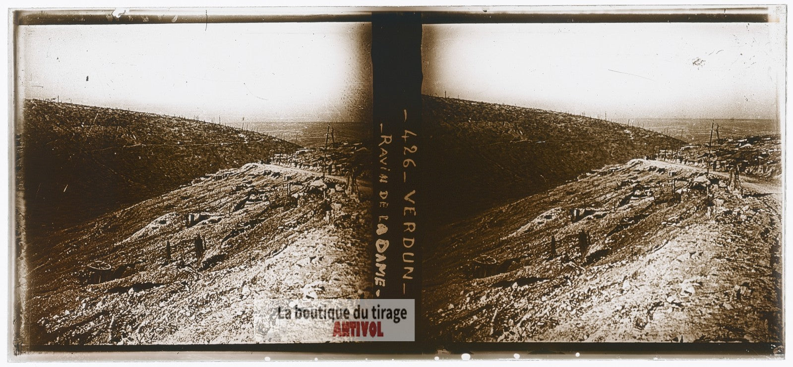 Verdun, Ravin de la Dame, guerre WW1, plaque verre photo ancienne stéréo 6x13 cm