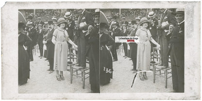 Scène de vie, Longchamp, Paris, plaque verre stéréoscopique, positif 8,5x17 cm