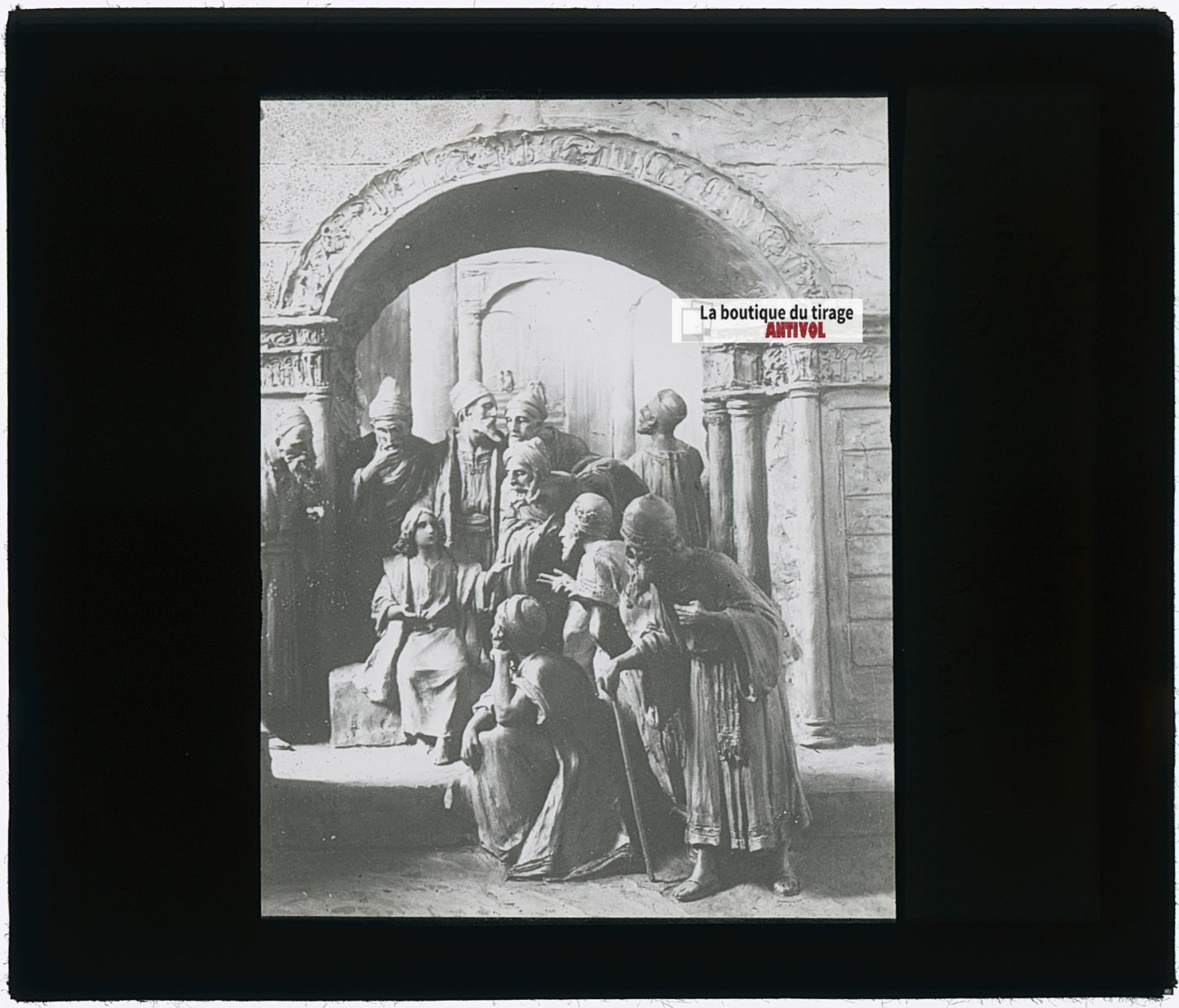 Jésus parmi les docteurs, photo plaque verre, noir & blanc, positif 8,5x10 cm