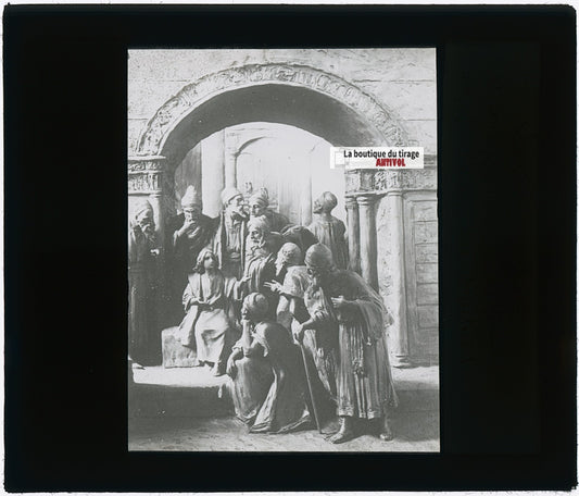 Jésus parmi les docteurs, photo plaque verre, noir & blanc, positif 8,5x10 cm