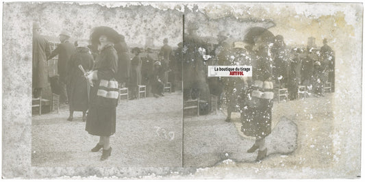 Scène de vie, Longchamp, Paris, plaque verre stéréoscopique, positif 8,5x17 cm