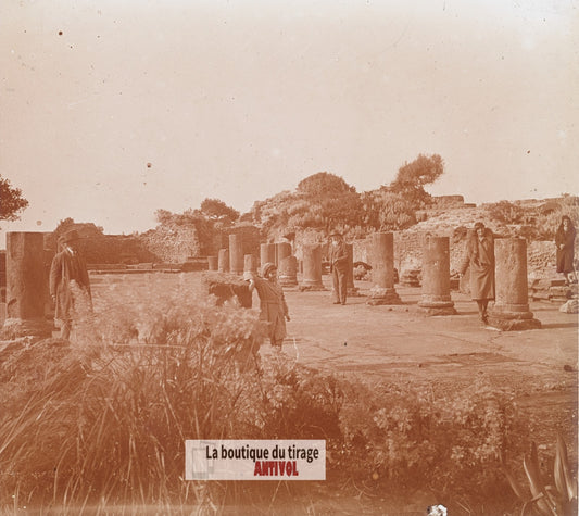 Basilique judiciaire, Tipasa Algérie, plaque verre photo ancienne stéréo 6x13 cm