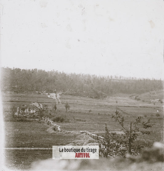 Réseau de tranchées, guerre WW1, plaque verre stéréo, photo 4,5x10,7 cm