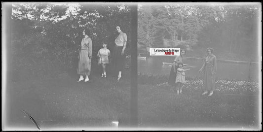 Famille, jardin, nature, campagne, photo ancienne plaque verre, négatif 9x18 cm