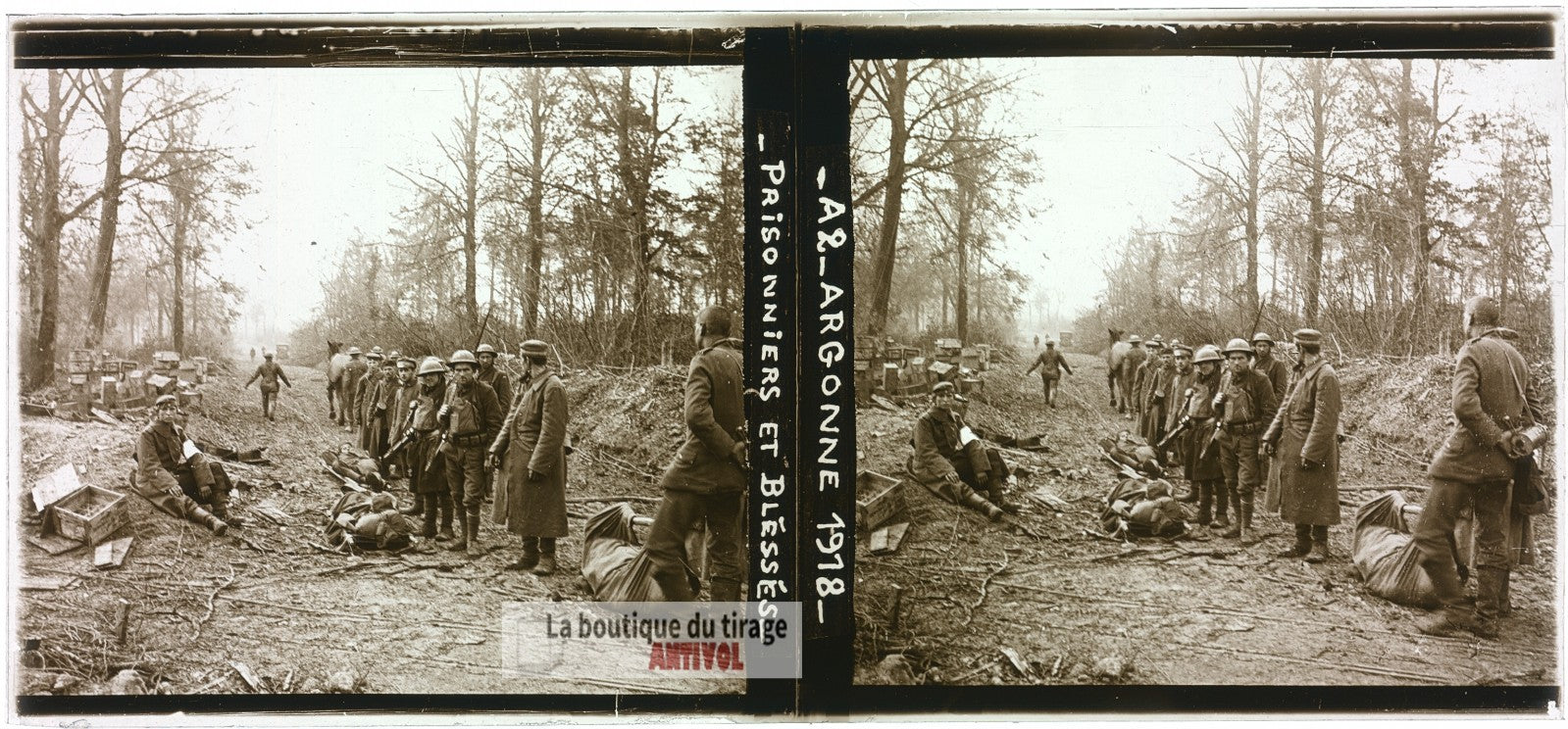 Argonne, prisonniers et blessés, WW1, plaque verre photo ancienne stéréo 6x13 cm