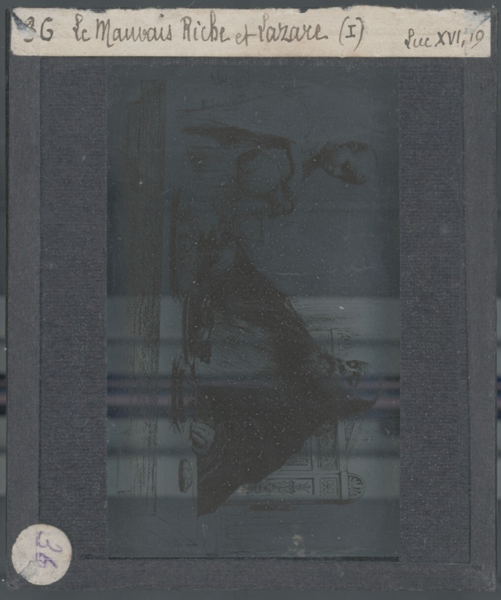 Luc, scène religieuse, dessin peinture plaque de verre, positif 8,5x10 cm