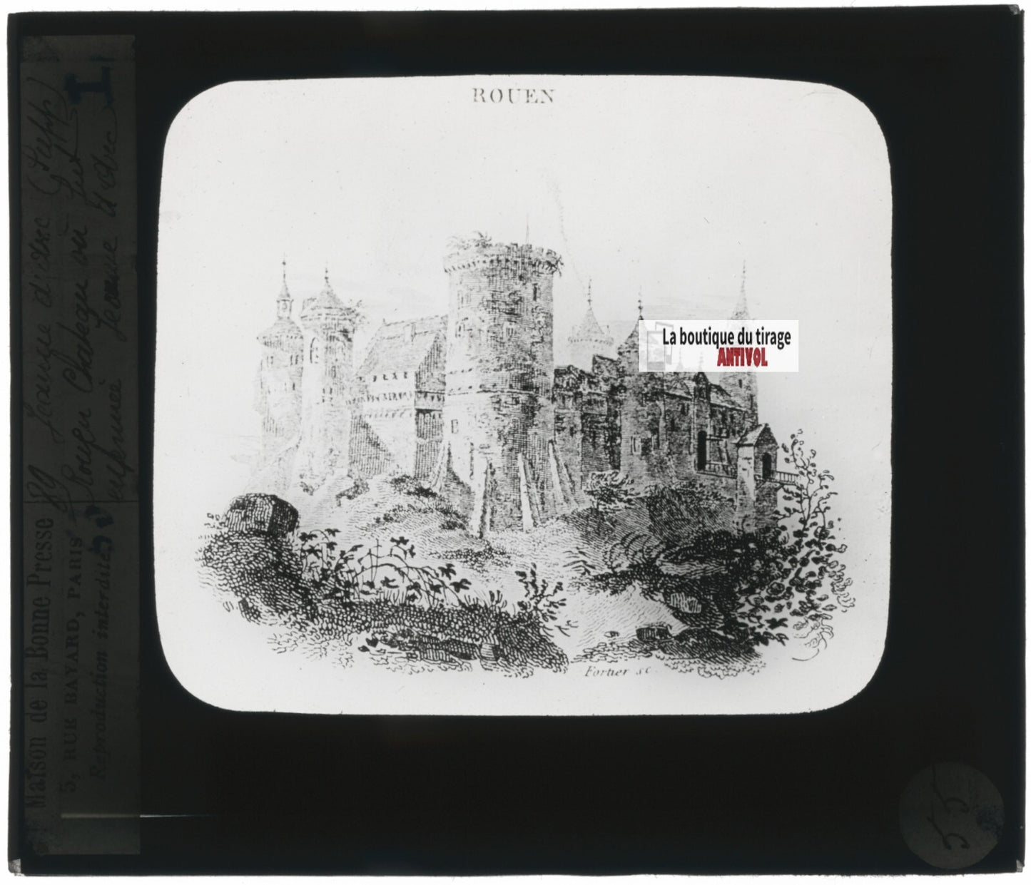 Jeanne d'Arc, château de Rouen, plaque ancienne verre, positif 8,5x10 cm