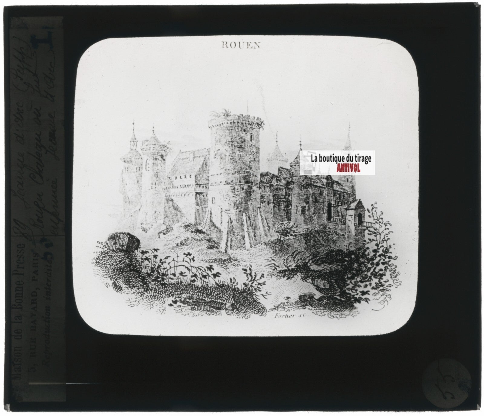 Jeanne d'Arc, château de Rouen, plaque ancienne verre, positif 8,5x10 cm