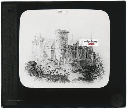 Jeanne d'Arc, château de Rouen, plaque ancienne verre, positif 8,5x10 cm