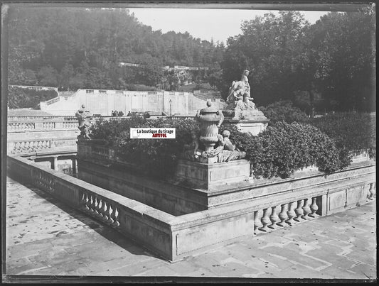 Jardins de la Fontaine, Nîmes, Plaque verre photo, négatif noir & blanc 9x12 cm