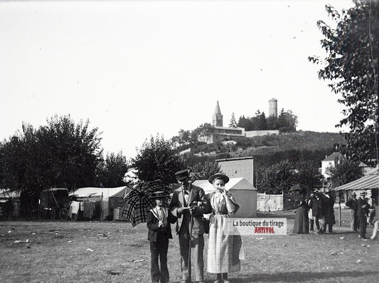 Montmerle-sur-Saône, fête village, plaque verre photo ancienne, négatif 9x12 cm