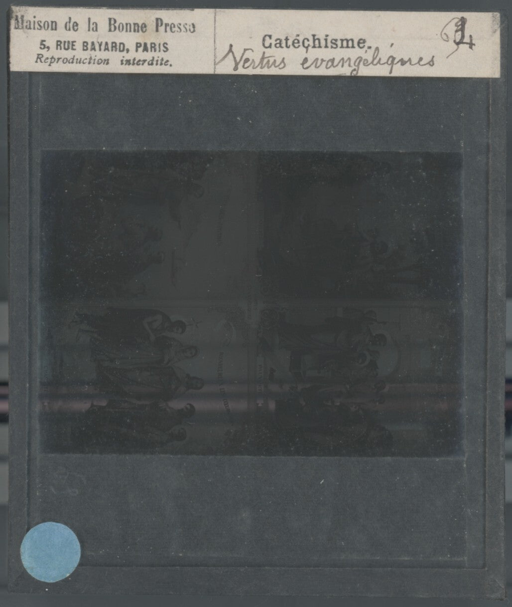 Scène religieuse, catéchisme, dessin peinture, plaque verre, positif 8,5x10 cm