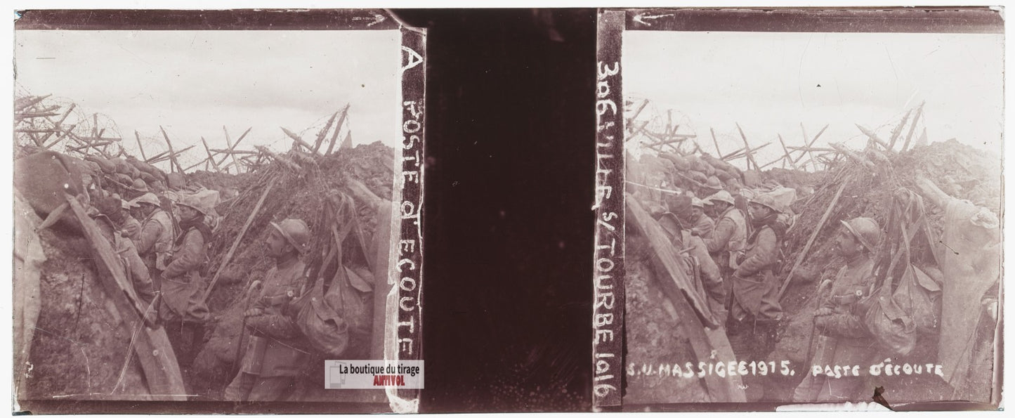 Ville-sur-Tourbe, Massiges, guerre WW1, plaque verre stéréo, photo 4,5x10,7 cm