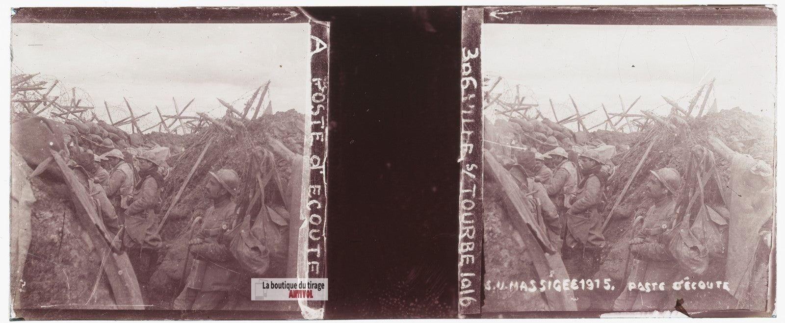 Ville-sur-Tourbe, Massiges, guerre WW1, plaque verre stéréo, photo 4,5x10,7 cm