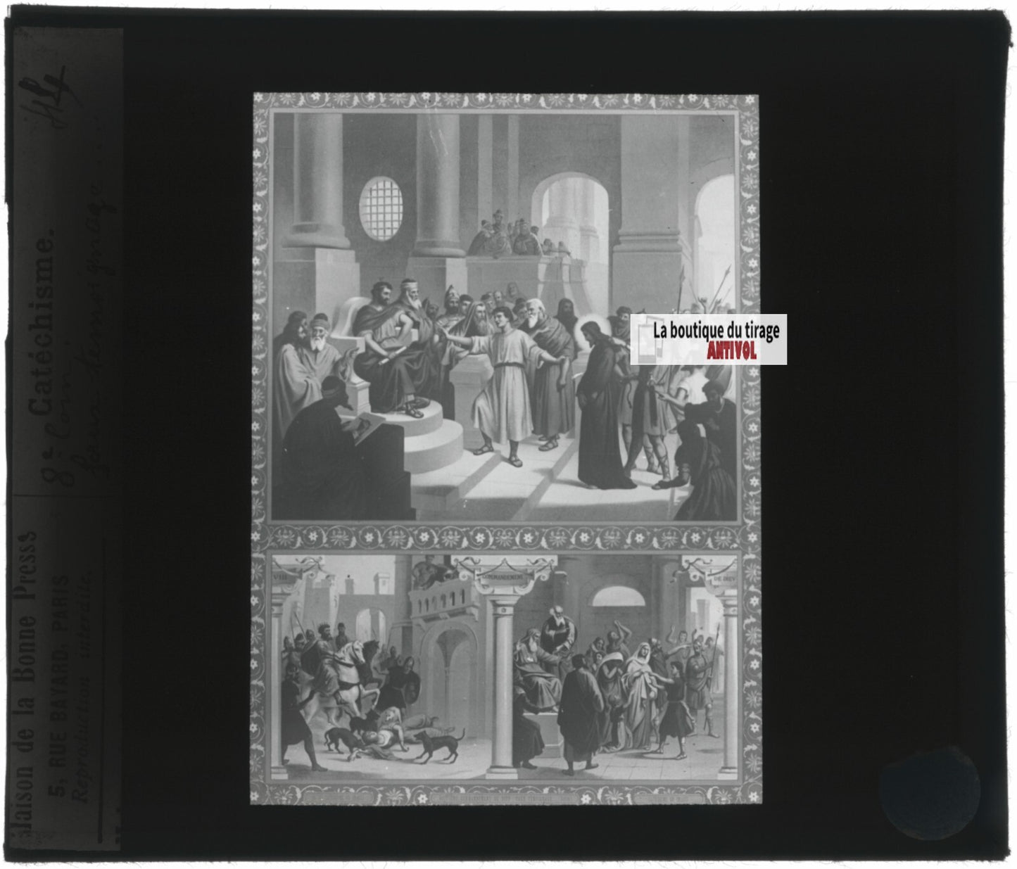 Scène religieuse, catéchisme, dessin peinture, plaque verre, positif 8,5x10 cm