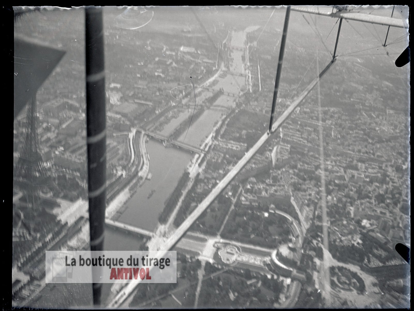 Vue aérienne Paris, Seine, plaque verre, photo ancienne, négatif 9x12 cm