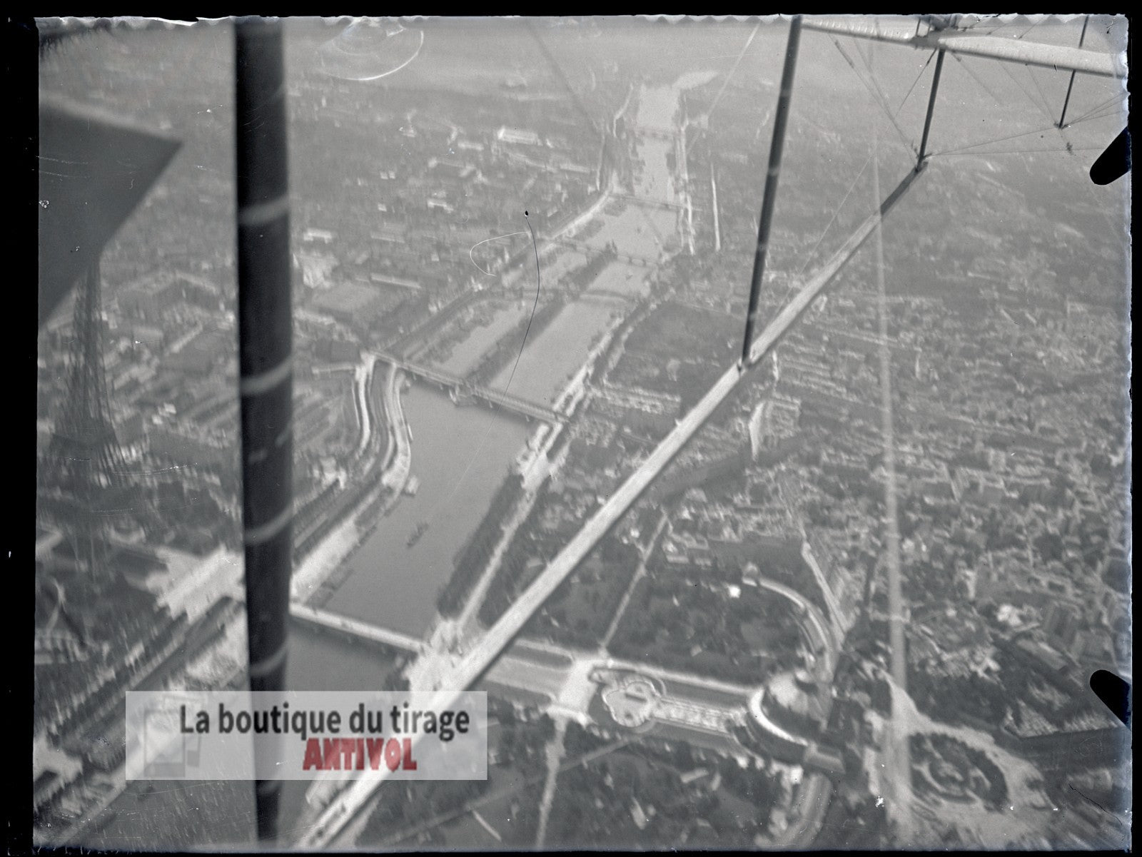 Vue aérienne Paris, Seine, plaque verre, photo ancienne, négatif 9x12 cm