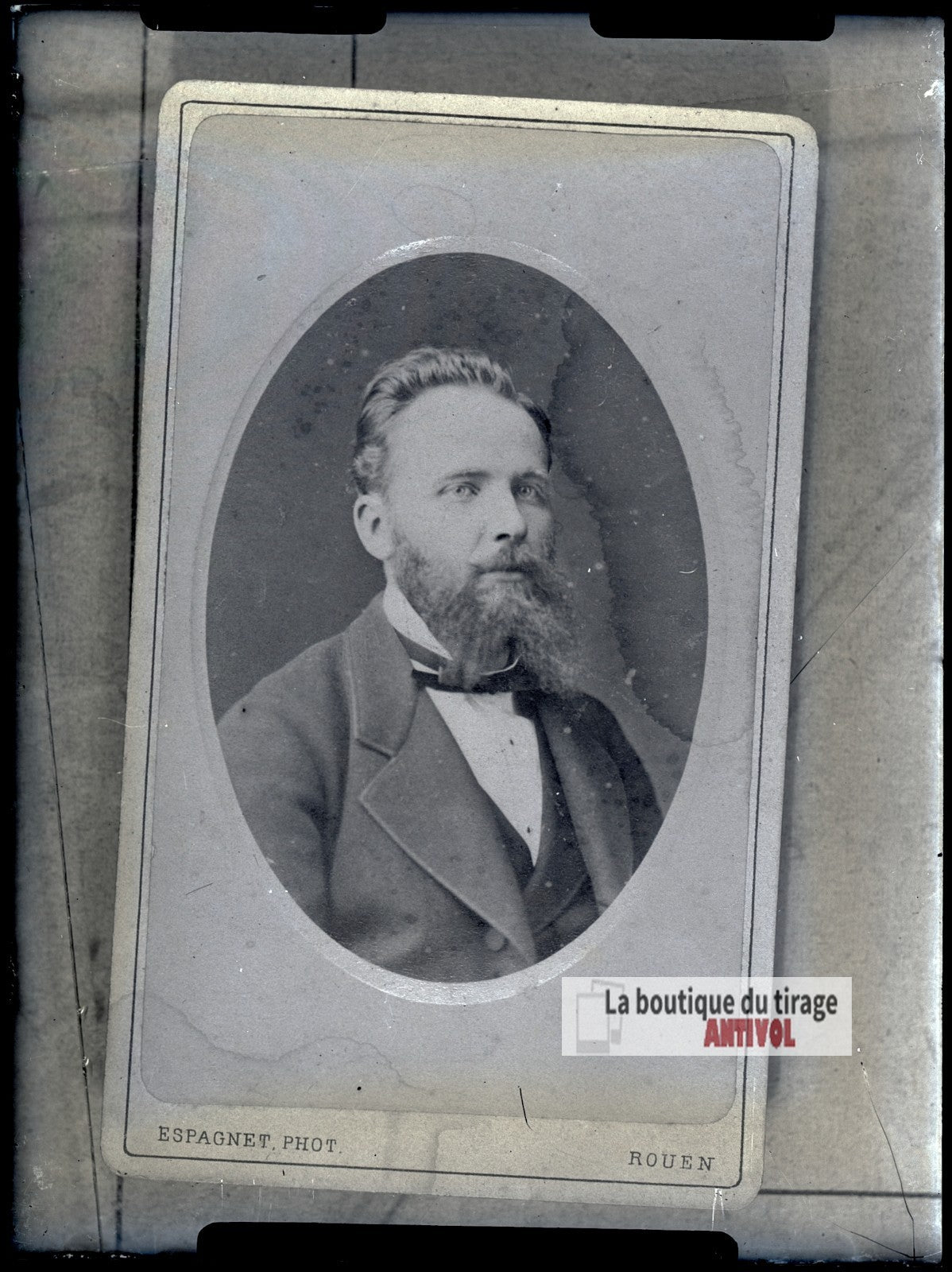 Portrait d'un homme barbu, costume, plaque verre photo ancienne, négatif 9x12 cm