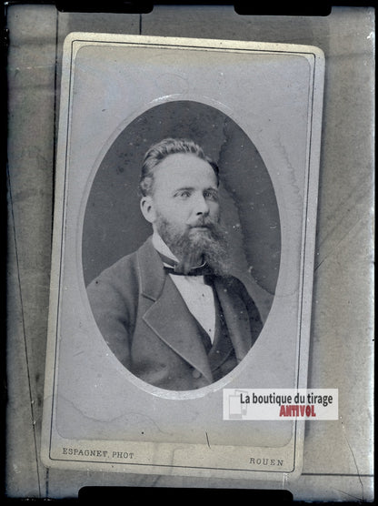 Portrait d'un homme barbu, costume, plaque verre photo ancienne, négatif 9x12 cm