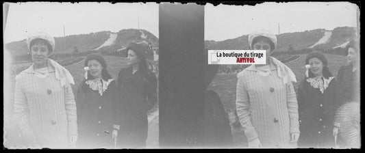 Famille, Belgique, Plaque verre stéréoscopie, négatif noir & blanc 4,5x10,7 cm