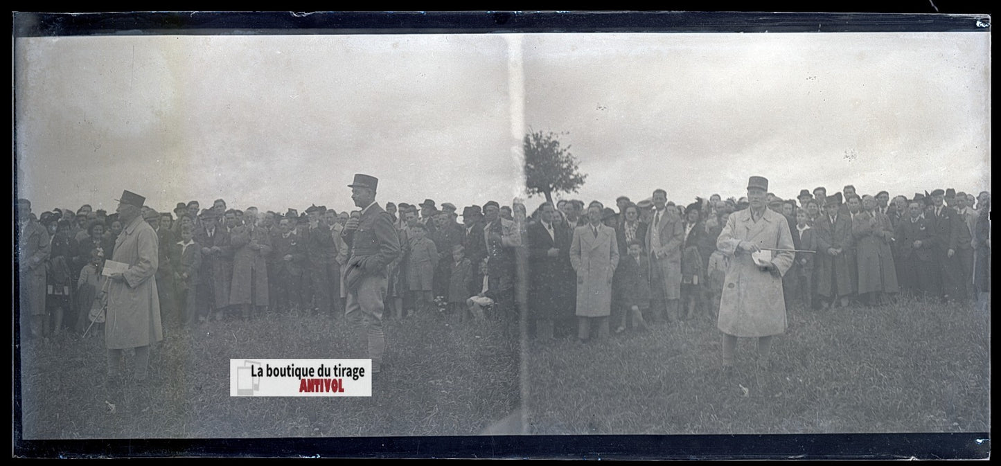 Cérémonie militaire France, plaque verre, photo ancienne, négatif N&B 6x13 cm