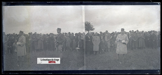 Cérémonie militaire France, plaque verre, photo ancienne, négatif N&B 6x13 cm
