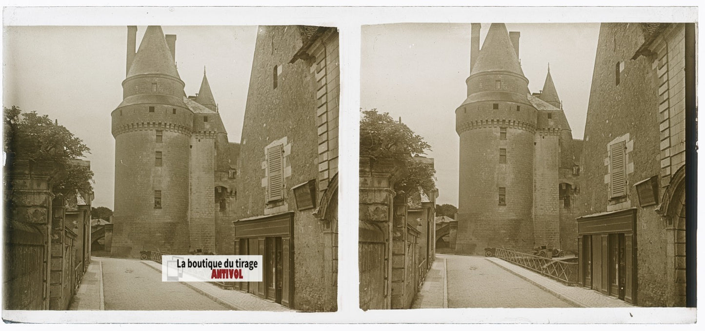 Voitures, Château de Langeais, plaque verre, photo stéréo, noir & blanc 6x13 cm