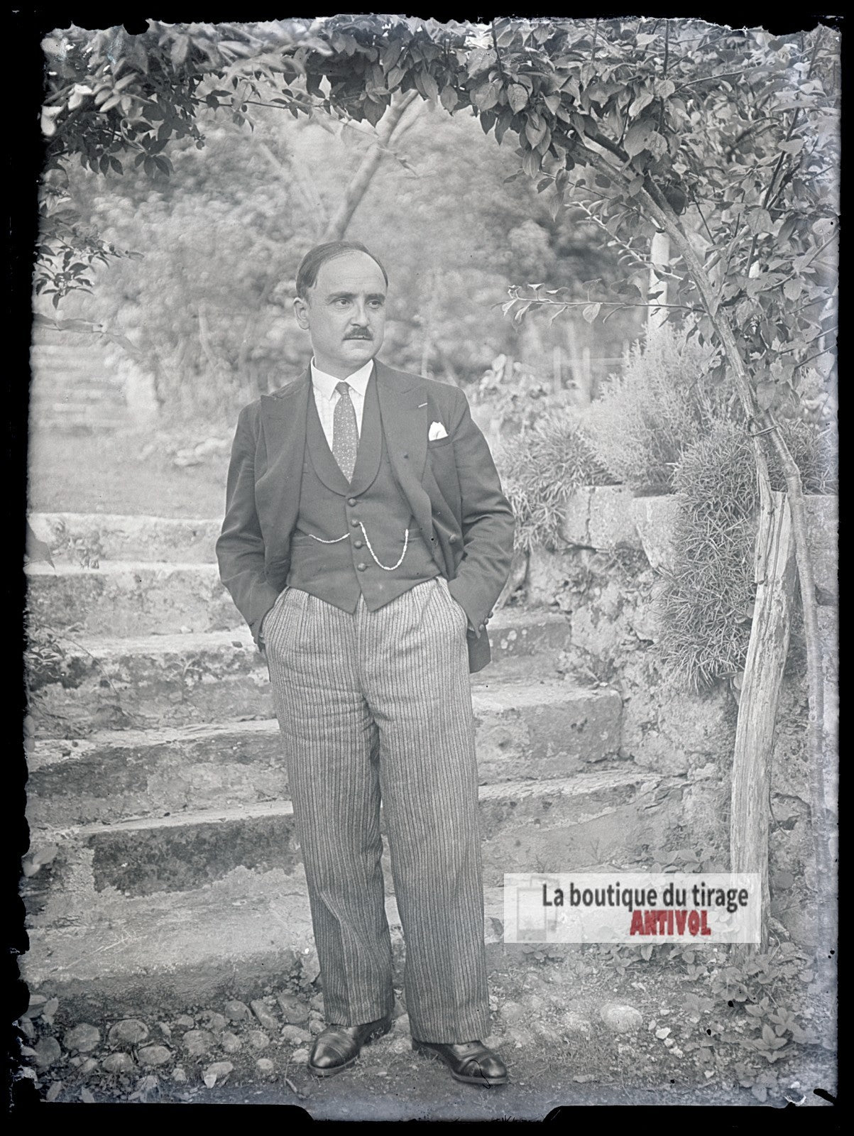 Homme en costume dans un jardin, plaque verre photo ancienne, négatif 9x12 cm