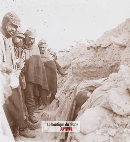 Tahure, Marne, guerre WW1, plaque verre stéréo, photo 4,5x10,7 cm