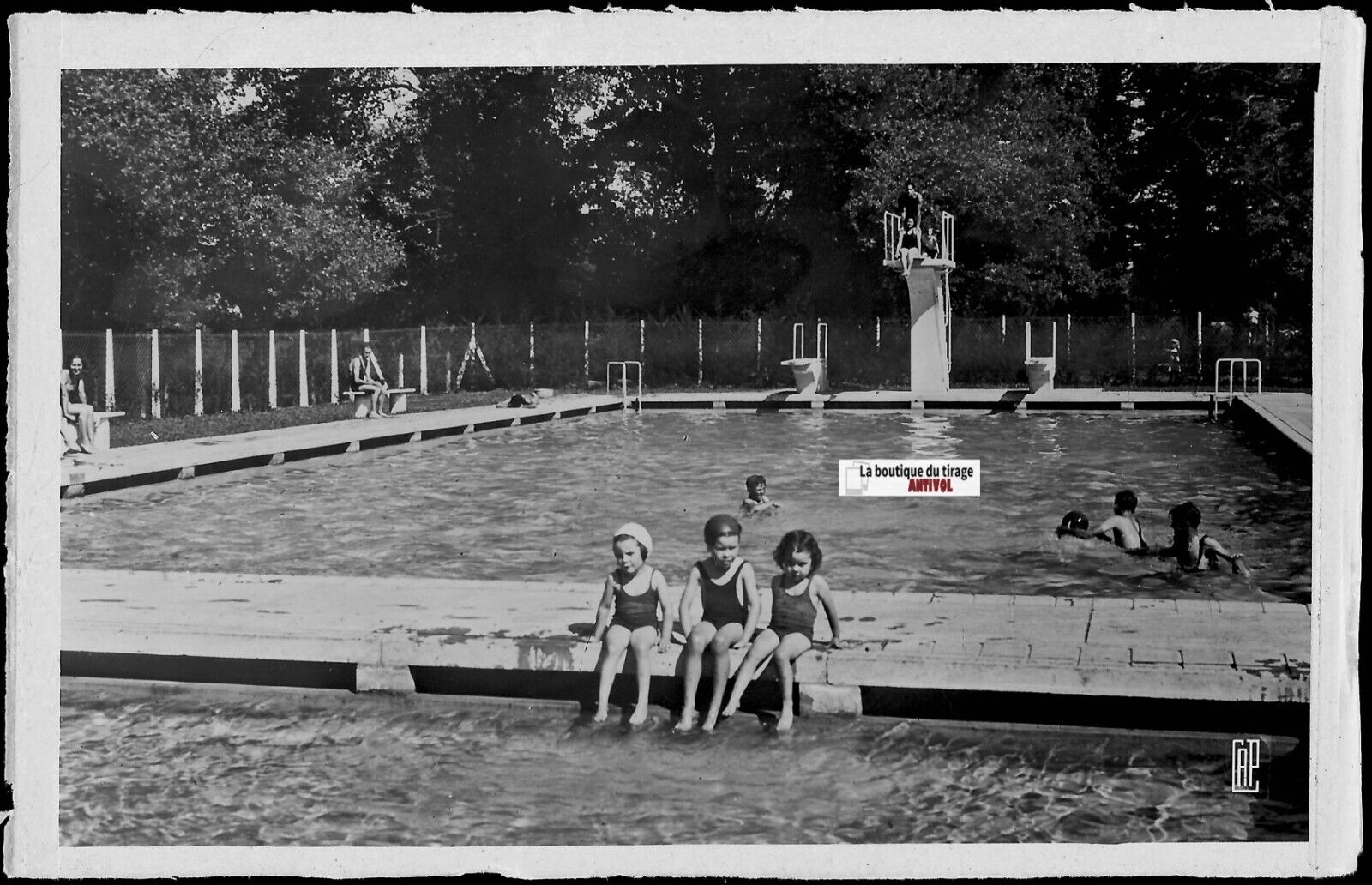 Plaque verre photo ancienne, négatif noir & blanc 9x14 cm, piscine Orthez