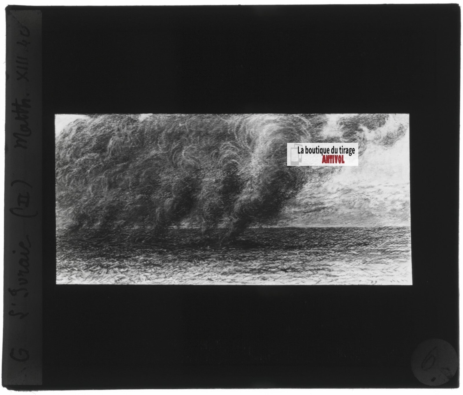 Matthieu, scène religieuse, dessin peinture plaque de verre, positif 8,5x10 cm