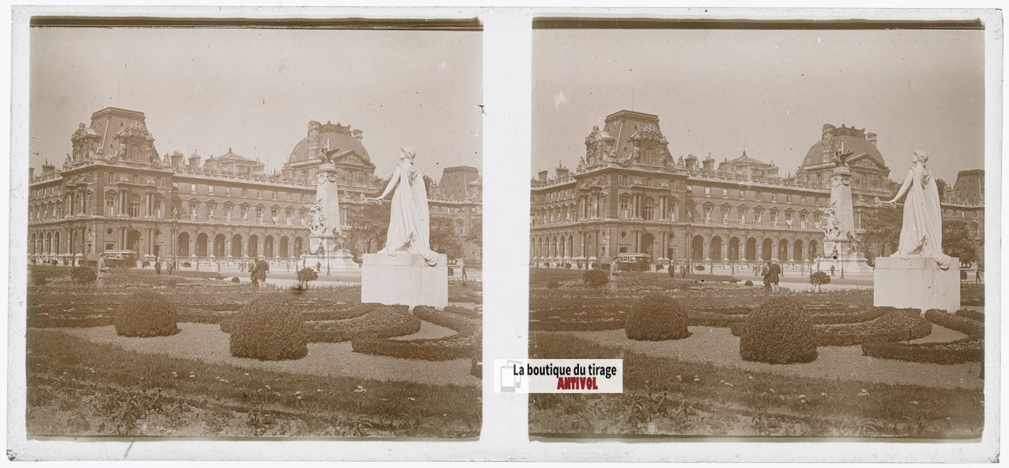 Cour Napoléon, Tuileries, Paris, plaque verre, photo stéréoscopie, N&B 6x13 cm