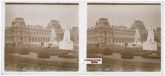 Cour Napoléon, Tuileries, Paris, plaque verre, photo stéréoscopie, N&B 6x13 cm