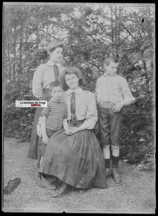 Plaque verre photo ancienne négatif noir et blanc 13x18 cm famille enfants 