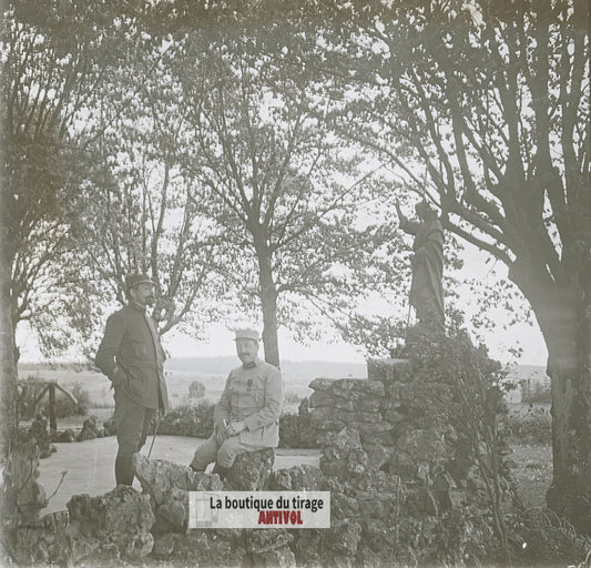 Officiers français, guerre WW1, plaque verre photo ancienne stéréo 6x13 cm