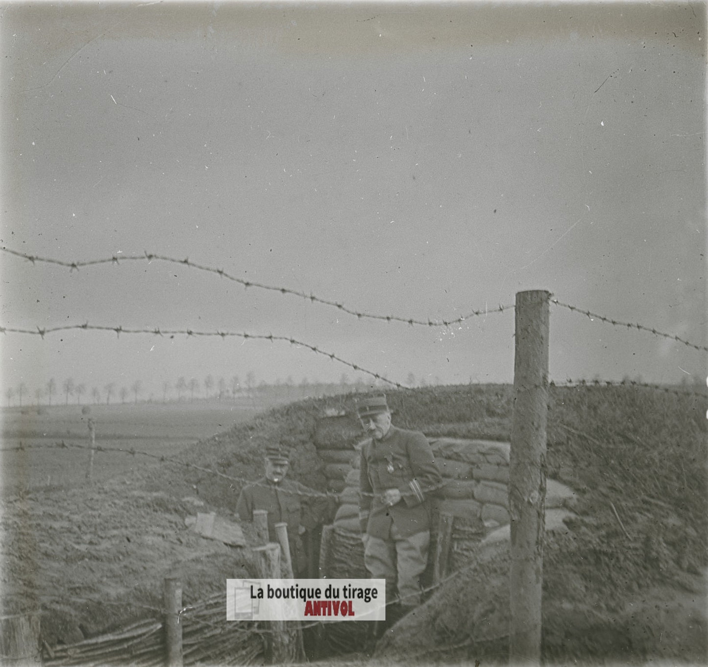 Tranchée fortifiée, guerre WW1, plaque verre photo ancienne stéréo 6x13 cm