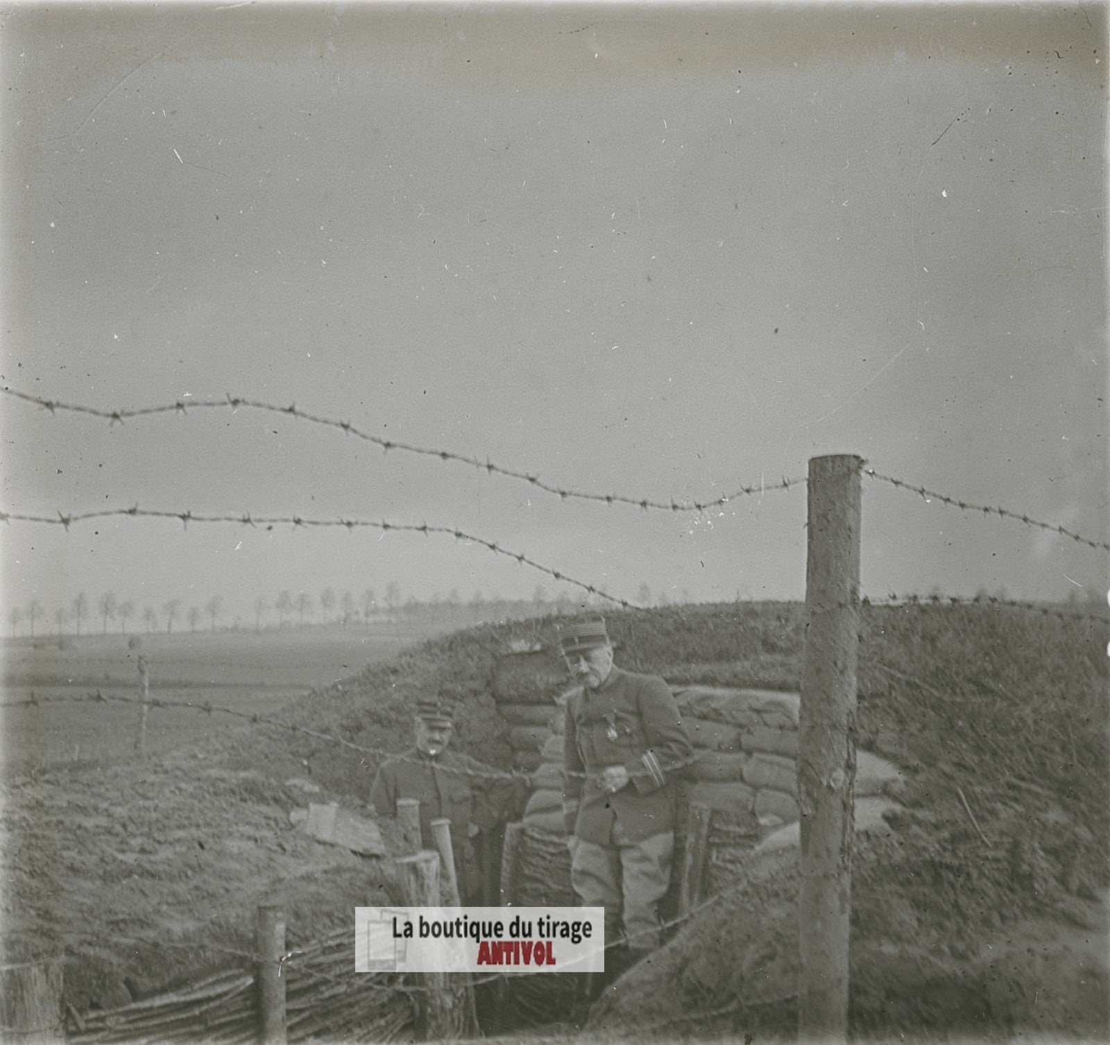 Tranchée fortifiée, guerre WW1, plaque verre photo ancienne stéréo 6x13 cm