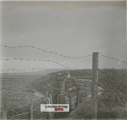 Tranchée fortifiée, guerre WW1, plaque verre photo ancienne stéréo 6x13 cm