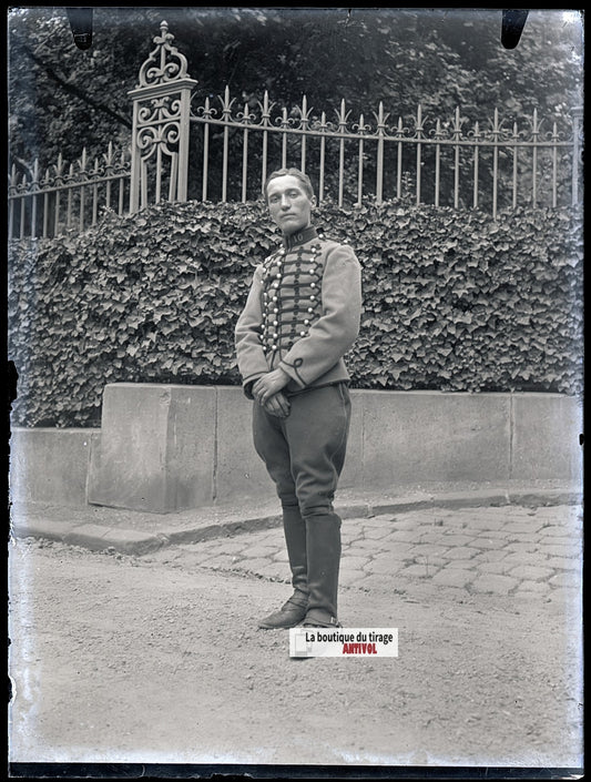 Soldat du 10ᵉ régiment, plaque verre, photo ancienne, négatif N&B 9x12 cm