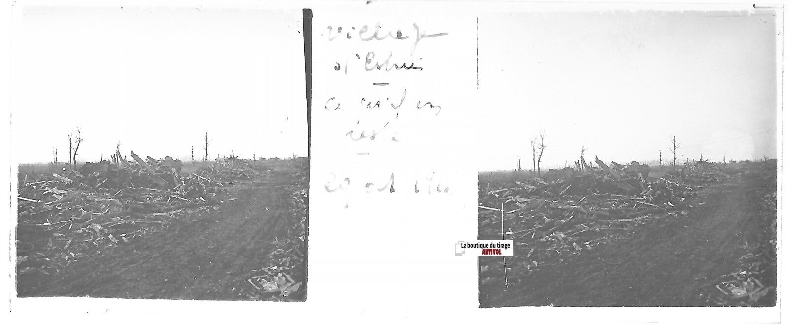 Estrées bombardement WW1, Plaque verre stéréo, positif noir & blanc 4,5x10,7 cm