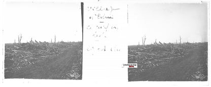 Estrées bombardement WW1, Plaque verre stéréo, positif noir & blanc 4,5x10,7 cm