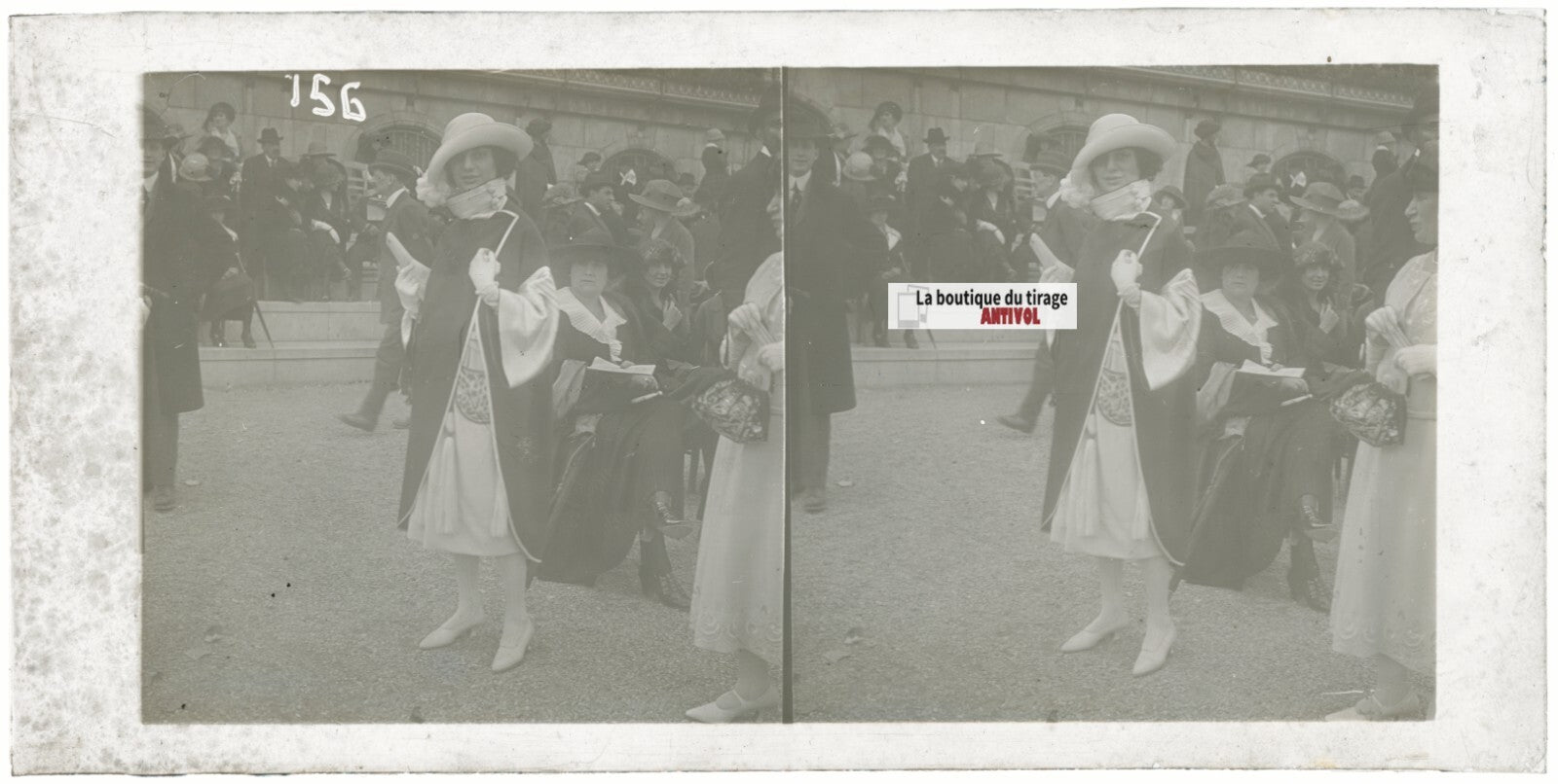 Scène de vie, Longchamp, Paris, plaque verre stéréoscopique, positif 8,5x17 cm