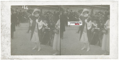 Scène de vie, Longchamp, Paris, plaque verre stéréoscopique, positif 8,5x17 cm