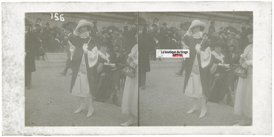 Scène de vie, Longchamp, Paris, plaque verre stéréoscopique, positif 8,5x17 cm