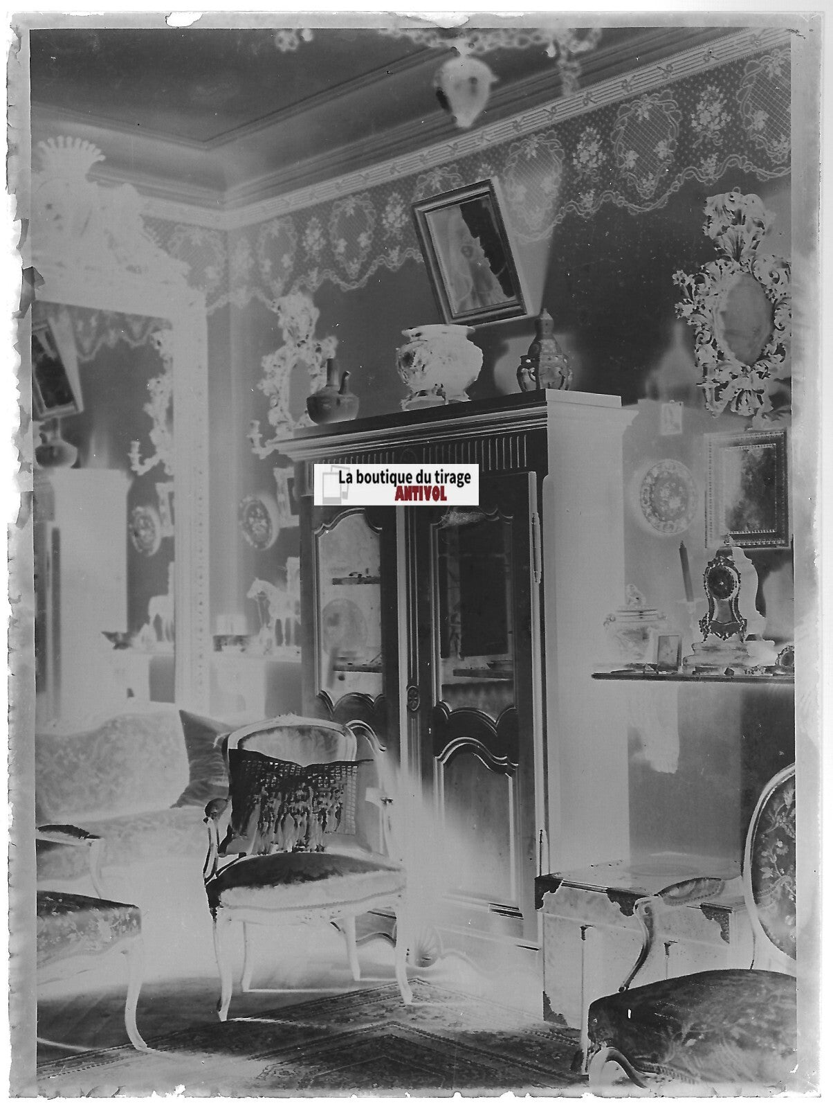 Appartement, intérieur, Plaque verre photo, négatif noir & blanc 9x12 cm