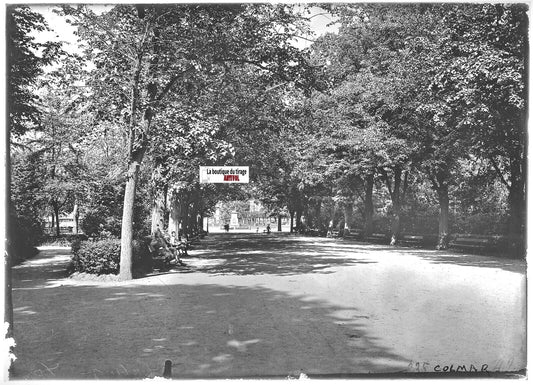 Plaque verre photo positif noir & blanc 13x18 cm Colmar, jardin public, soldats