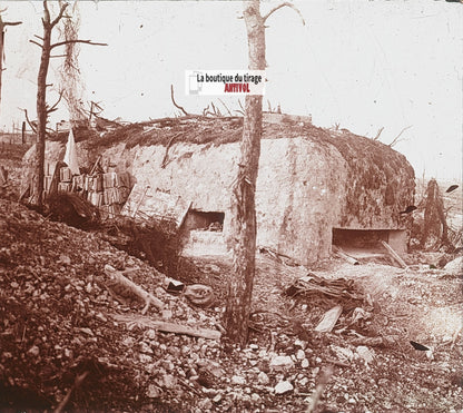 Blockhaus allemand, guerre WW1, plaque verre stéréo, photo ancienne 4,5x10,7 cm