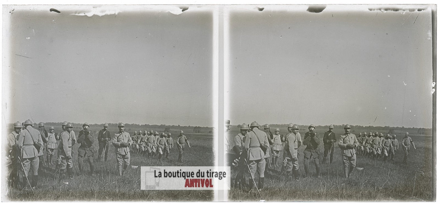 Manœuvres françaises, guerre WW1, plaque verre photo ancienne stéréo 6x13 cm