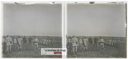Manœuvres françaises, guerre WW1, plaque verre photo ancienne stéréo 6x13 cm