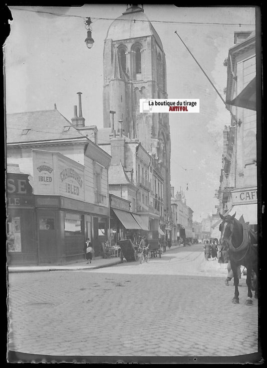 Tours, rue des Halles, horloge, Plaque verre photo, négatif noir & blanc 6x9 cm